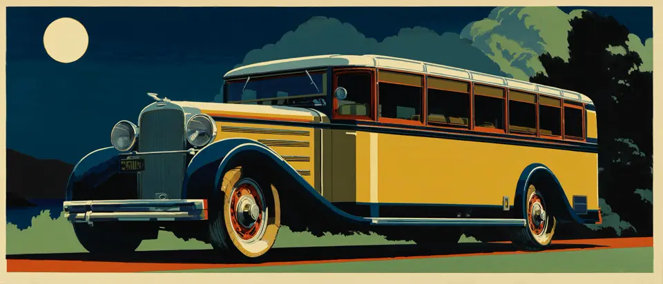 Illustration: long-distance coach on a highway through open countryside. 1920s poster style.