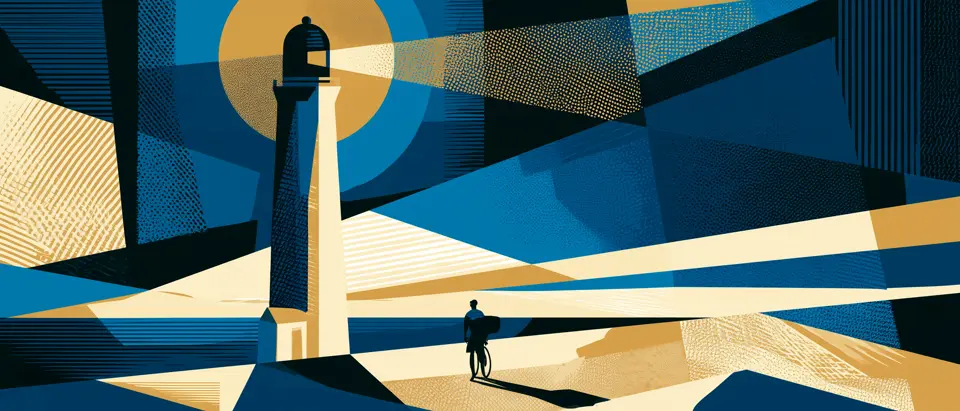 Art-deco illustration: a cyclist walks a bike at the foot of a lighthouse, under beams of gold and blue light.