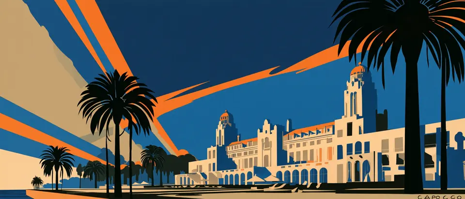 Art-deco illustration: Hotel Carrasco's towers and domes among palm trees, under a sky of geometric orange and blue rays.