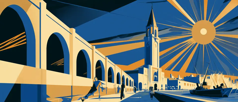Art-deco illustration: the Mercado del Puerto's arcade and clock tower, a cyclist and pedestrians under a sunburst sky by the port.