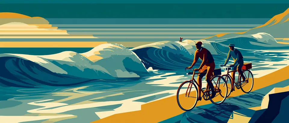 Illustration: two cyclists on a coastal road above big Atlantic waves, a surfer riding a wave in the distance.