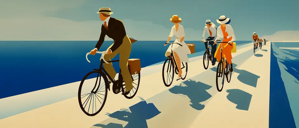 Illustration: cyclist on Montevideo's waterfront with the urban skyline in the background. 1920s poster style.
