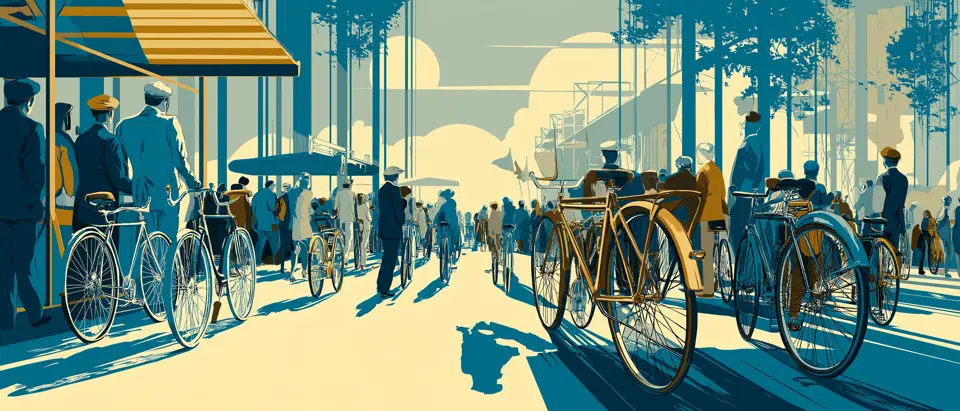 Illustration: a tree-lined street with cyclists and parked bikes, 1920s poster style.