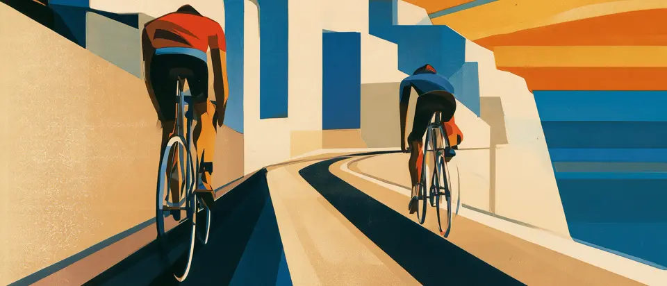 Illustration: two cyclists seen from behind on a seafront road between white houses and the sea, under a sky of orange and blue rays. 1920s poster style.