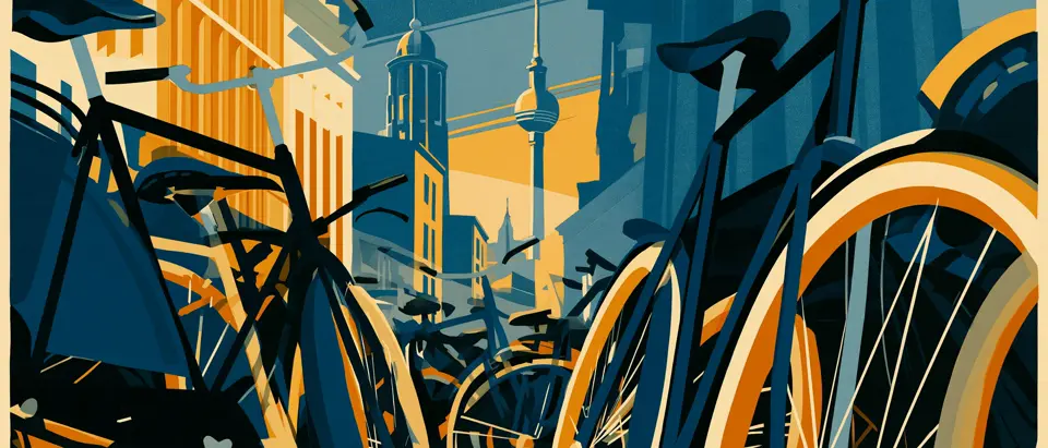 Art deco illustration of parked bicycles filling the foreground, with Berlin's television tower rising behind the rooftops.