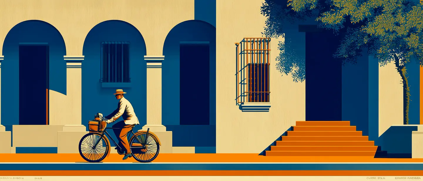 Illustration: a cyclist arriving by ferry on the Río de la Plata. 1920s poster style.