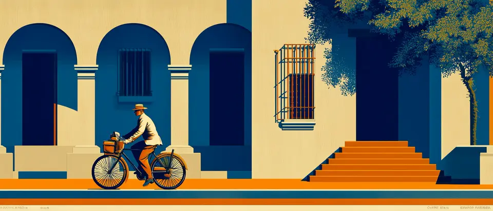 Illustration: a cyclist entering a pampas town on a tree-lined road. 1920s poster style.