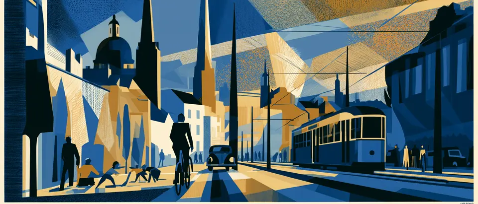 Art-deco illustration: a cyclist, a car, and a tram share a Montevideo street under a sky of geometric blue and gold lines.