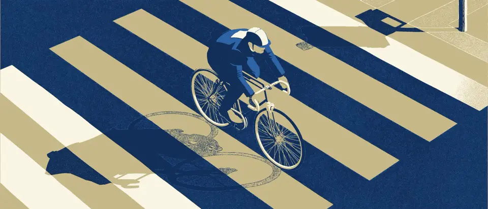 Illustration: cyclist silhouette crossing a pedestrian crossing seen in aerial perspective. 1920s poster style.