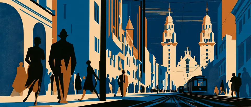 An art-deco illustration looking down Sarandí toward a church's twin towers, past a tram on the rails and figures in period dress crossing the foreground.