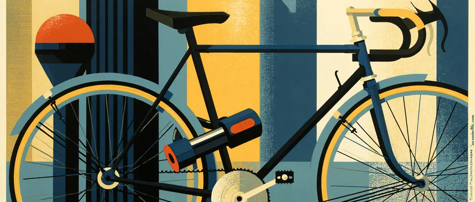 Art-deco illustration: a U-lock securing a bicycle to a steel post under golden light.