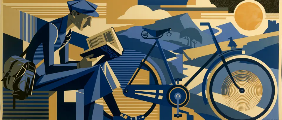 Illustration: a touring cyclist resting beside his bike, reading a phrasebook, gold and blue Uruguayan coastal landscape behind him. 1920s poster style.