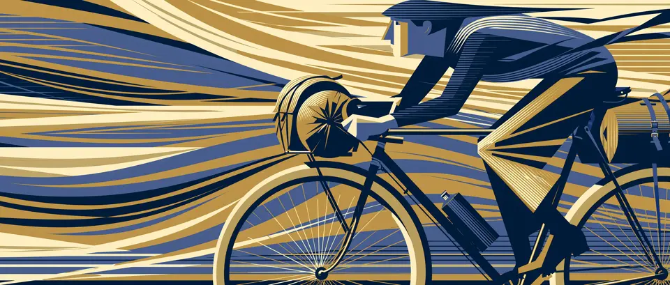 Illustration: cyclist leaning into the wind, gold and blue gusts streaming past. 1920s poster style.
