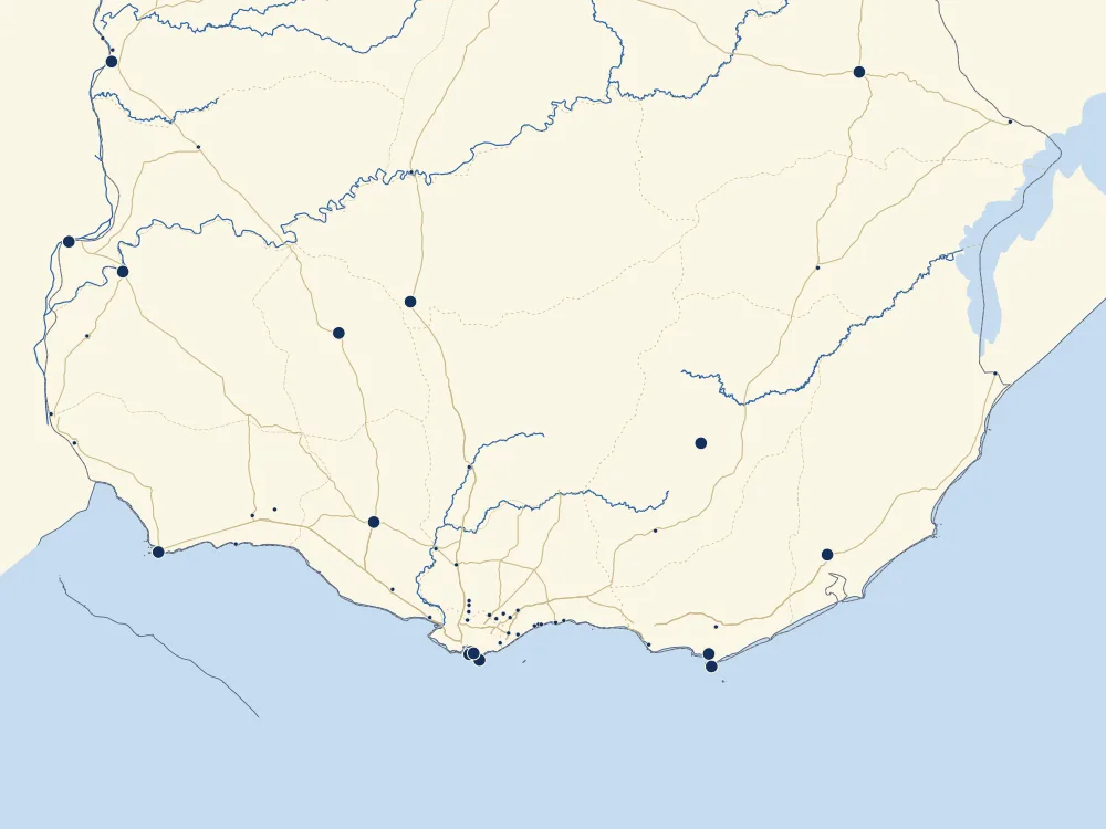 Map of Uruguay with the places mentioned across Pedaleando Uruguay, grouped by department