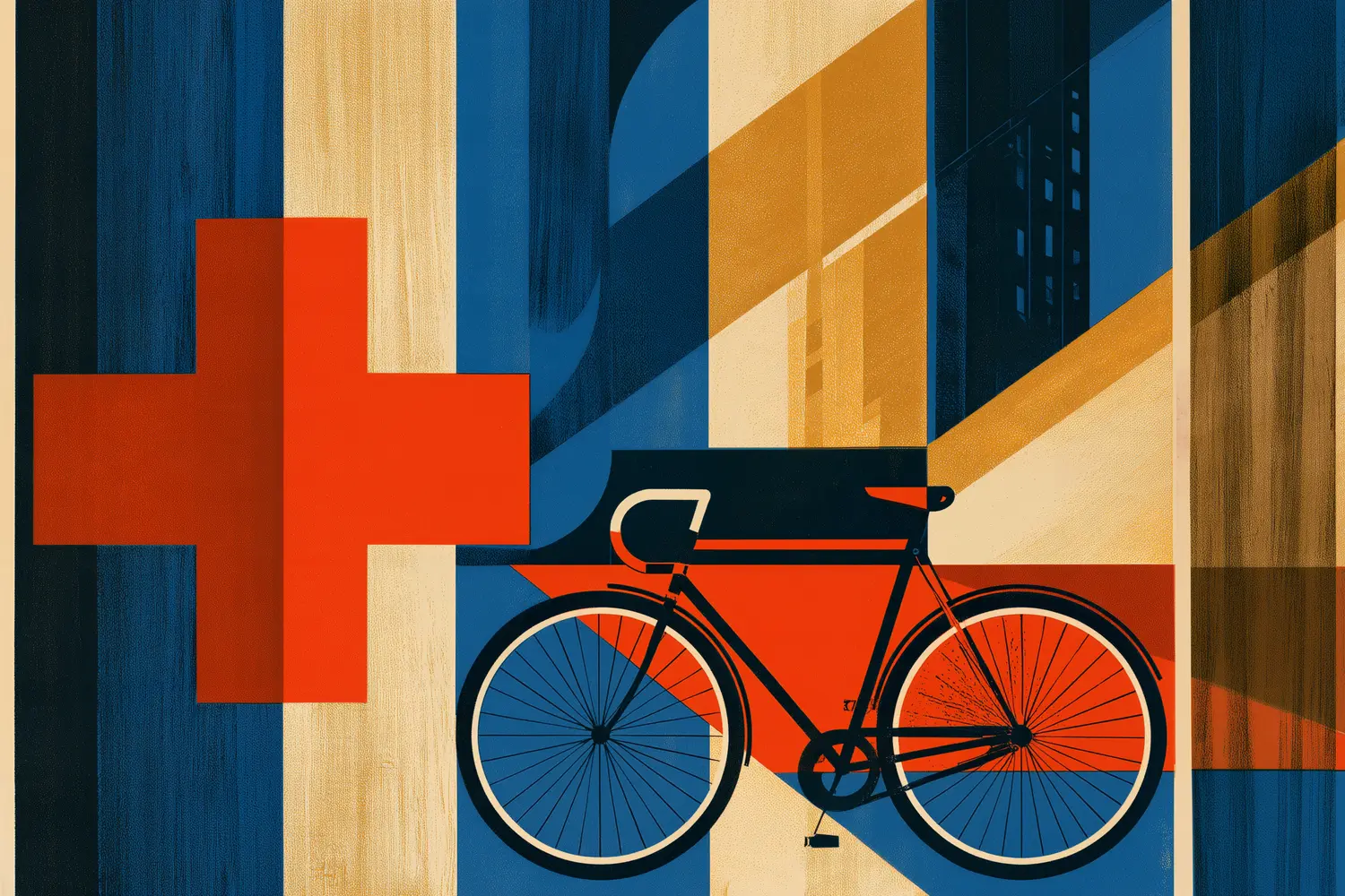 Art-deco poster illustration: a black-framed bicycle at centre, a large red Greek cross to its left, a tall building above, and vertical bands of blue, cream and ochre.