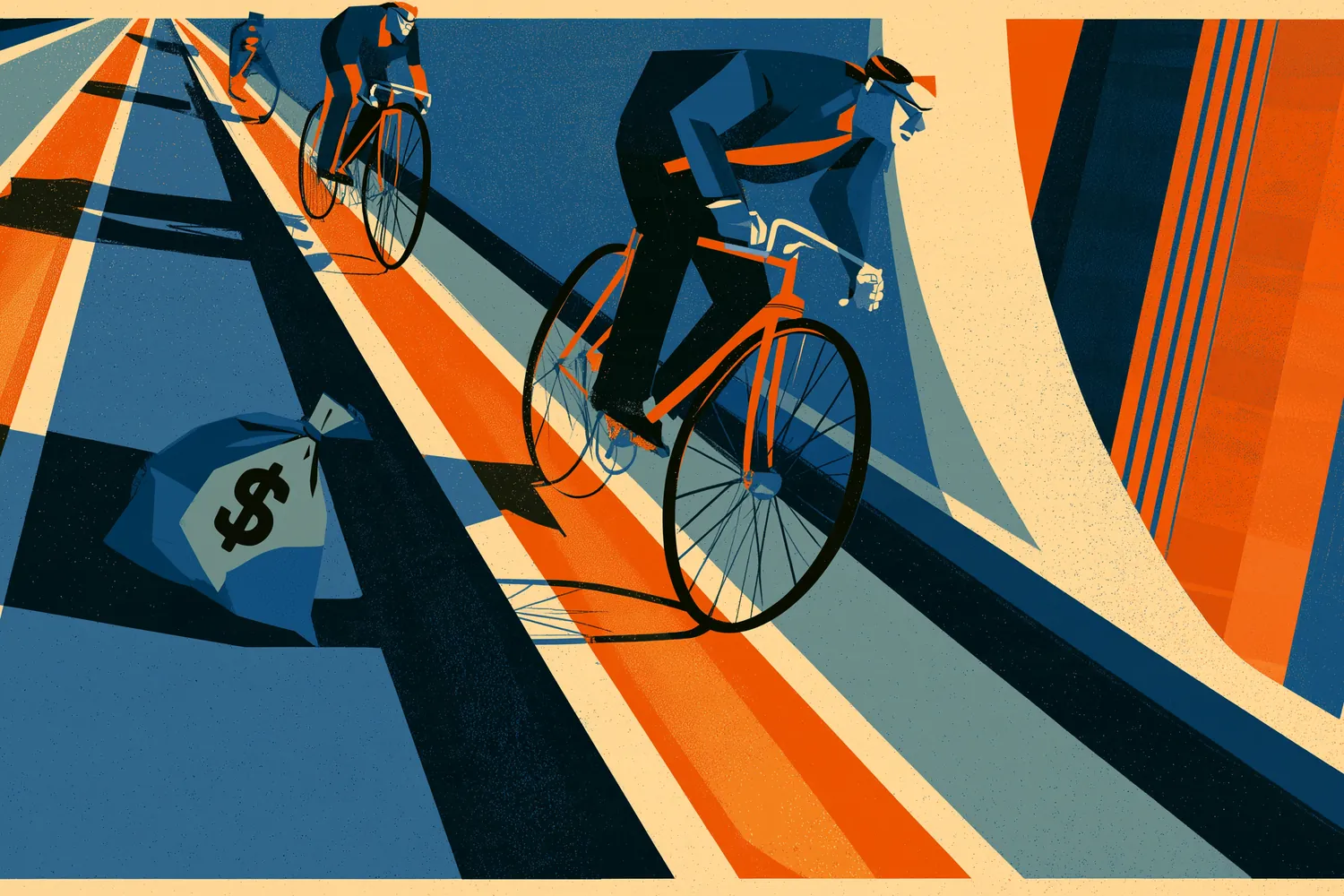 Art-deco poster illustration: three cyclists in suits and caps ride in single file along a street of coloured stripes, past a money bag marked with a $ sign, with city towers rising at right.