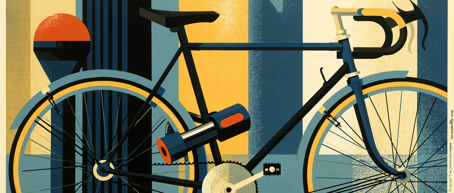 Art-deco illustration: a U-lock securing a bicycle to a steel post under golden light.