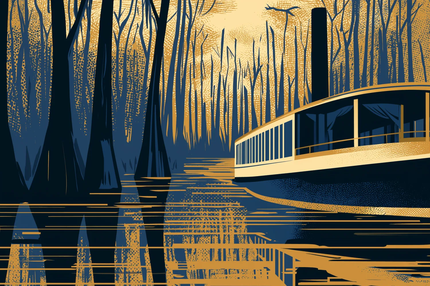 Art-deco illustration of a ferry crossing the delta toward Carmelo, a bicycle aboard.