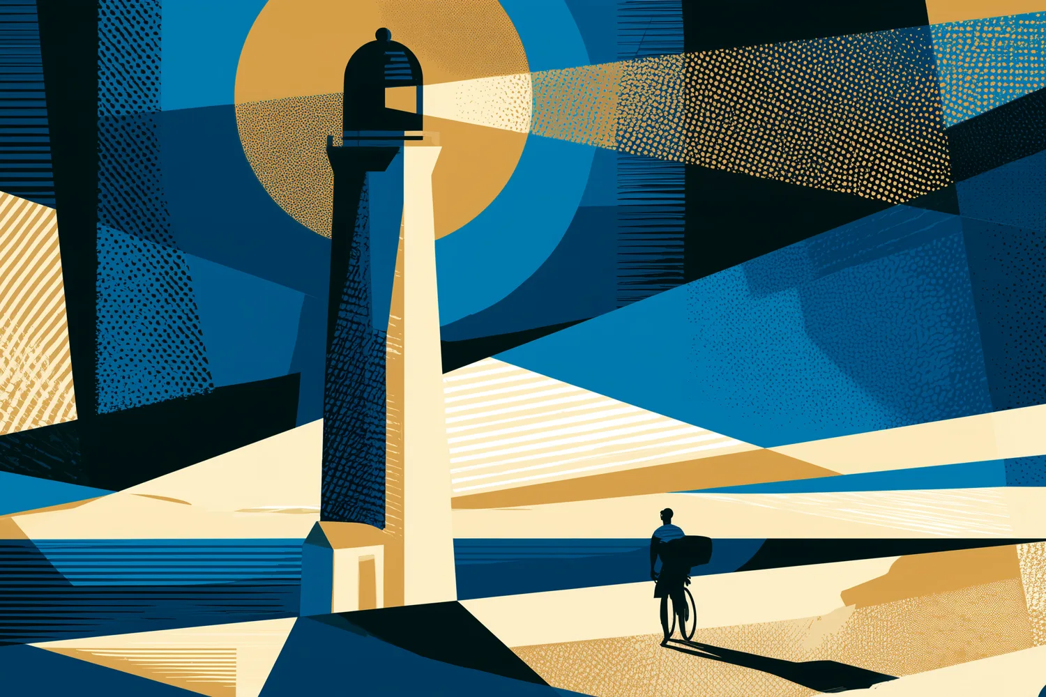 Art-deco illustration: a cyclist walks a bike at the foot of a lighthouse, under beams of gold and blue light.