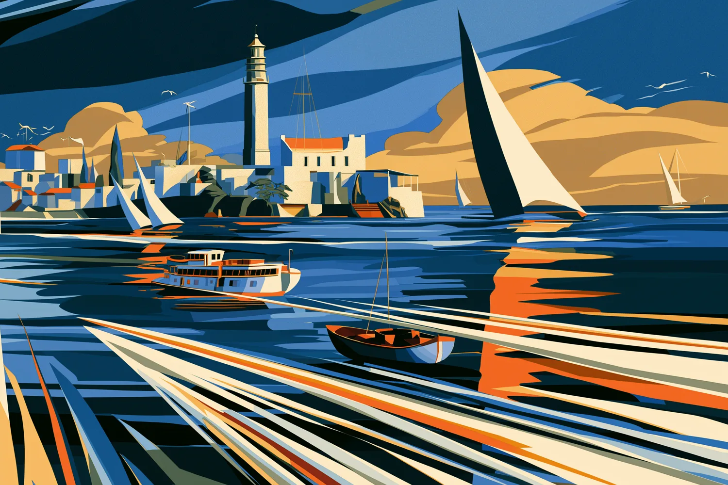 Art-deco illustration of the Colonia del Sacramento lighthouse and sailboats on the Río de la Plata.