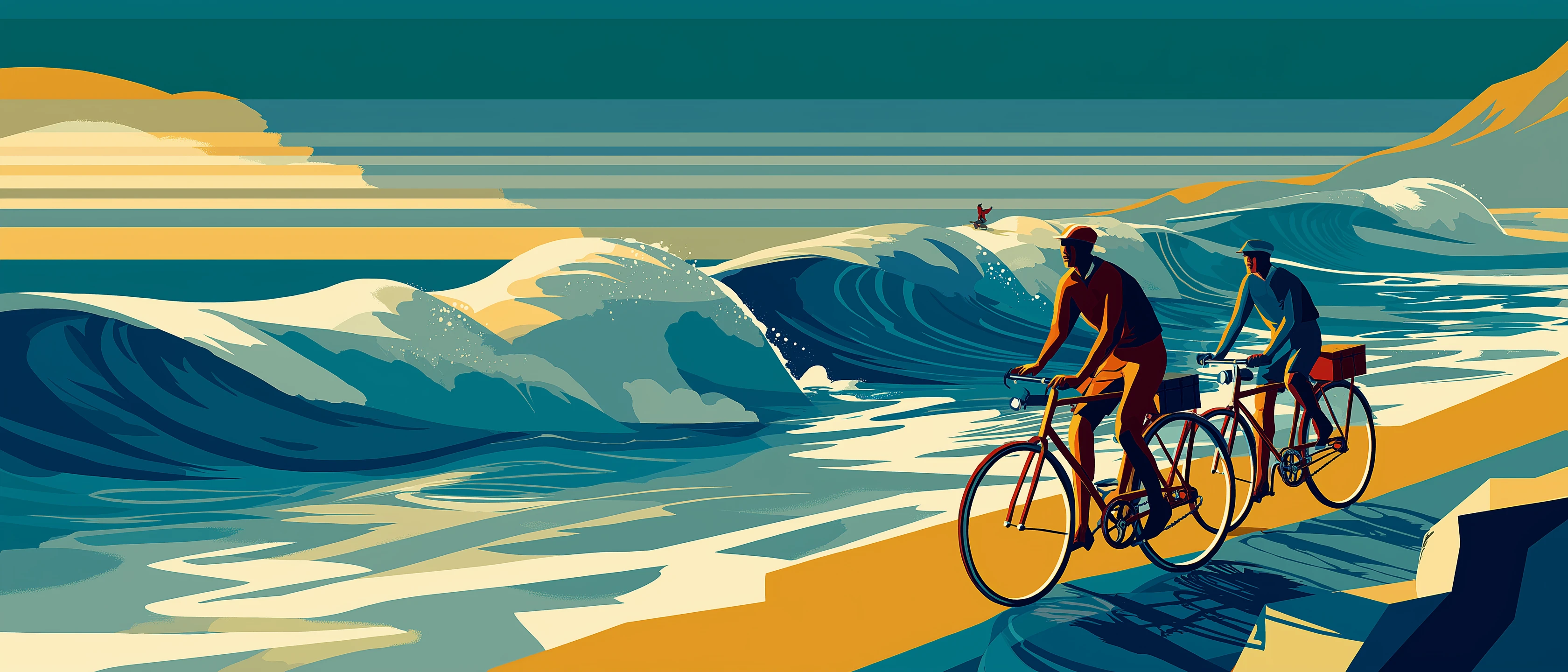 Illustration: two cyclists on a coastal road above big Atlantic waves, a surfer riding a wave in the distance.
