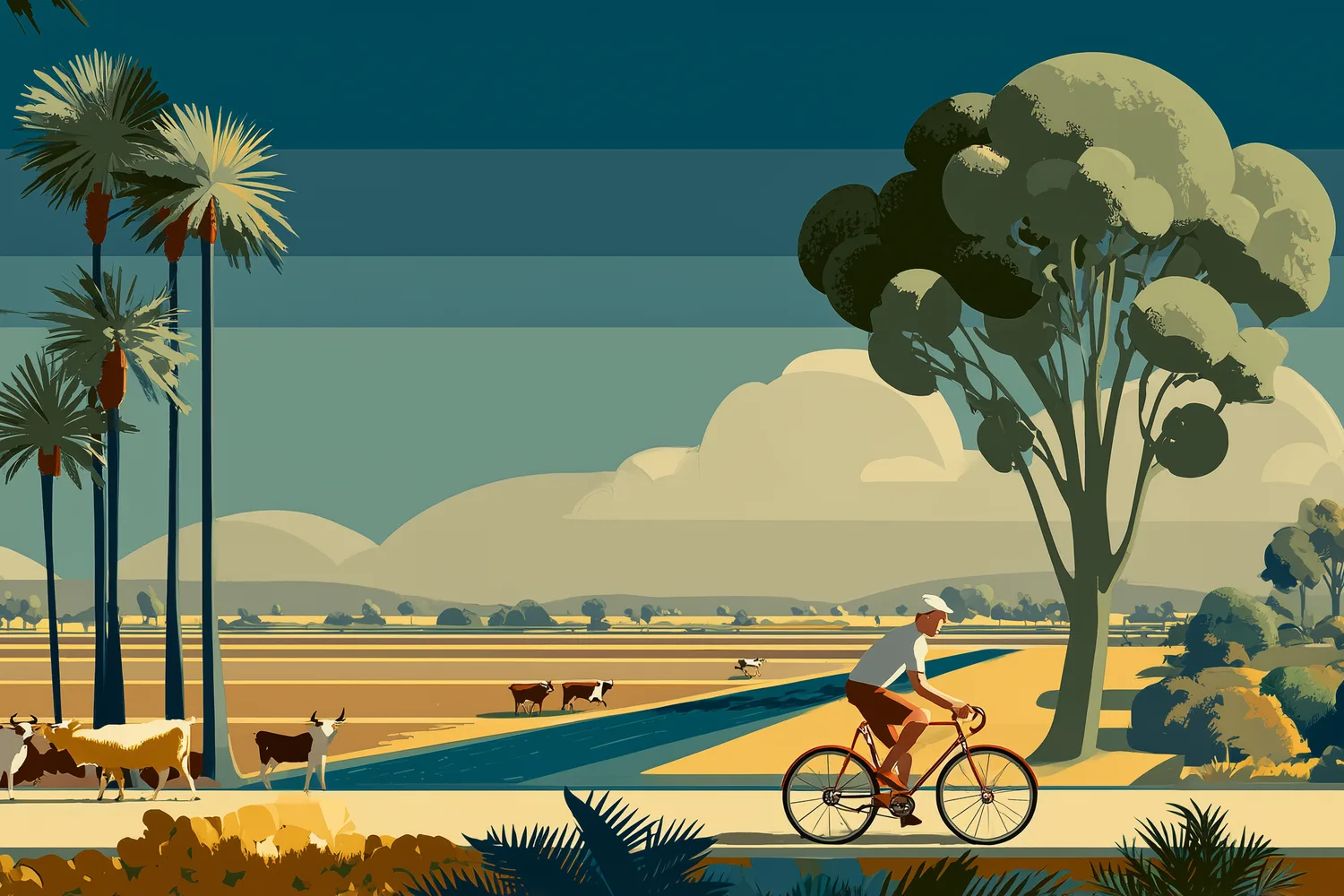 Illustration: cyclist on a rural road amid palm trees and lush trees under a clear sky. 1920s poster style.