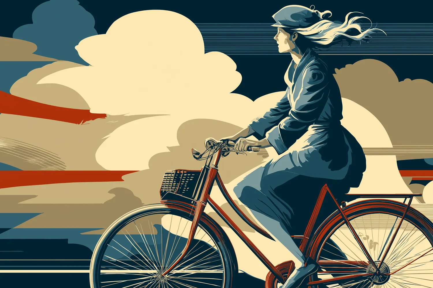 Illustration: cyclist with wind-blown hair under fast-moving clouds.